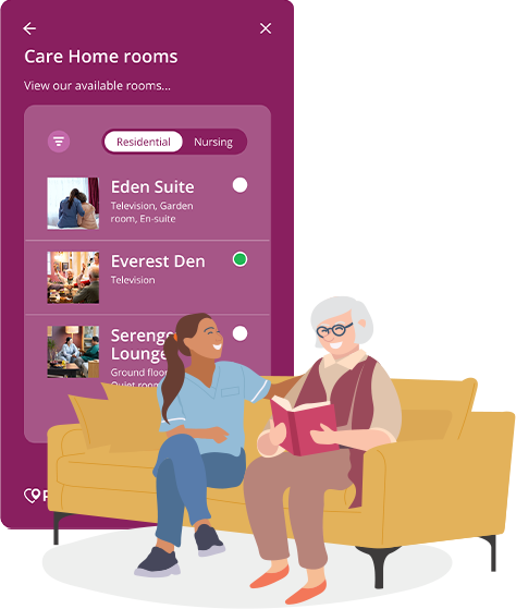 Elderly woman and a carer sittnig on a sofa whilst one reads a book, with the Care Homes pro interface showing available rooms.
